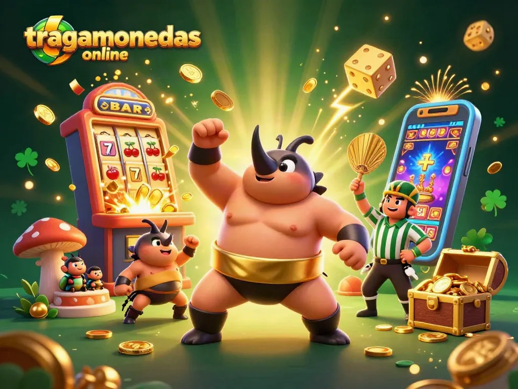 Juega tragamonedas online mientras el campeón rinoceronte y sus amigos celebran grandes premios en un casino virtual.