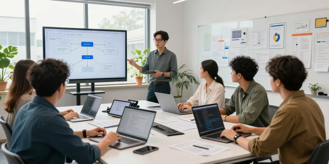 Team building internal tools with AI in a collaborative tech workspace, showcasing innovative ideas and teamwork.