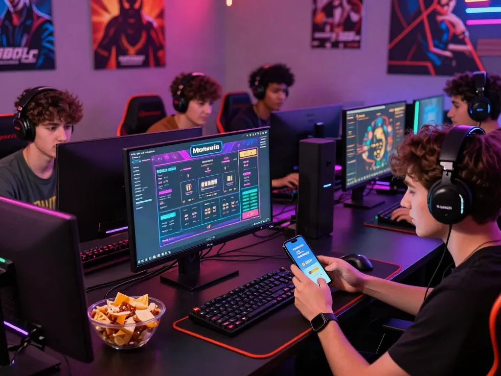 Engaged gamers enjoying the Nohuwin online gaming experience with vibrant screens and snacks in a modern setup.