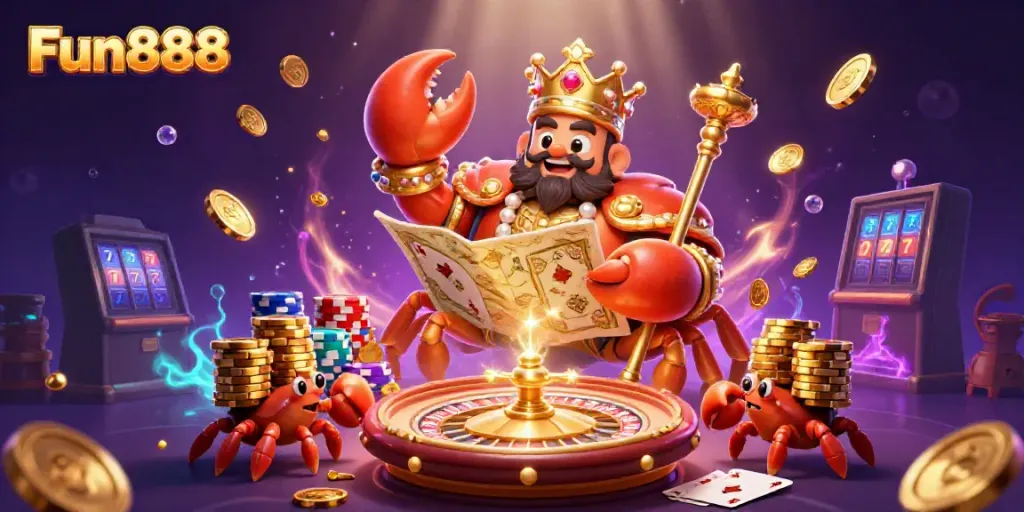 Experience thrilling Fun888 gameplay with a vibrant underwater casino scene featuring a gold crab emperor.