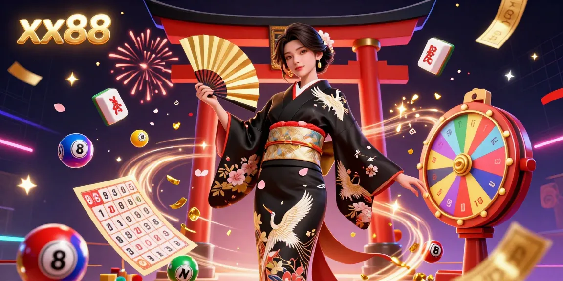 Engage with xx88's vibrant lottery scene, featuring Asian woman in kimono with falling petals and dynamic game elements.