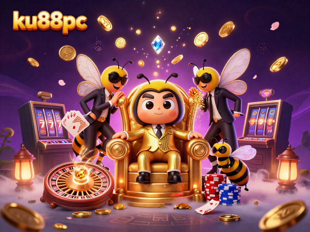 Experience the excitement of ku88pc with a vibrant illustration of a bumblebee mob boss and casino elements.
