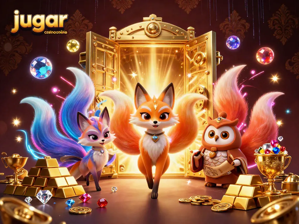 Jugar casino online Chile: ilustración dinámica con un zorro de nueve colas y un búho sabio rodeados de tesoros.