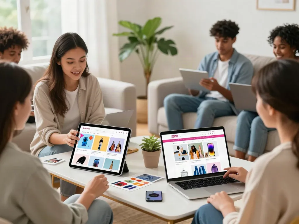 Engaging scene of consumers discovering Productos in a vibrant online marketplace.