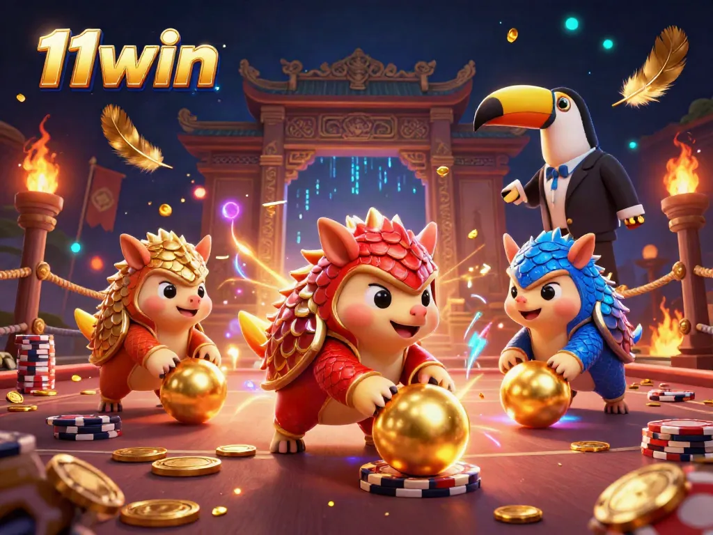 Experience thrilling action with 11win as rival pangolins roll through gold and poker chips in a dynamic casino scene.