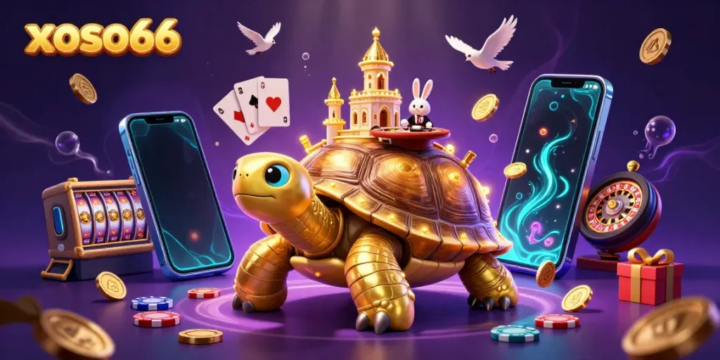 Engage with xoso66's exciting atmosphere featuring a golden tortoise casino scene with birds carrying coins.