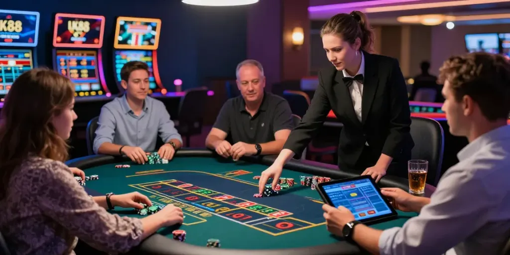 Exciting live casino experience at UK88 featuring a professional dealer and engaged players.