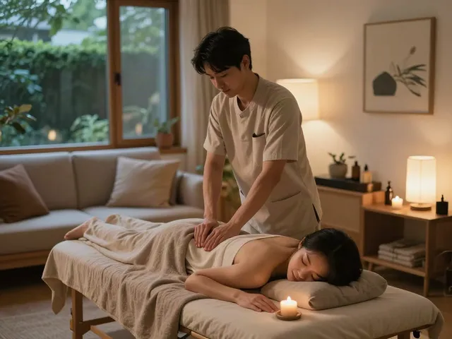 Healing 영등포출장안마 scene in a cozy living room with ambient lighting and soothing decor