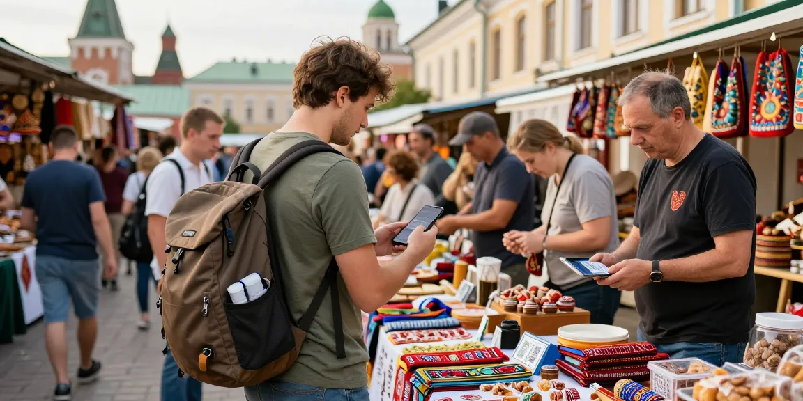 Pago sin esfuerzo en Rusia con https://payinrussia.com/ en un mercado vibrante con turistas y vendedores locales.
