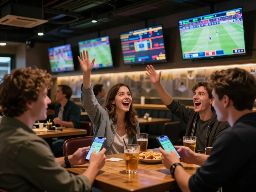 Tỷ lệ kèo nhà cái displayed on multiple screens as excited bettors enjoy live sports betting