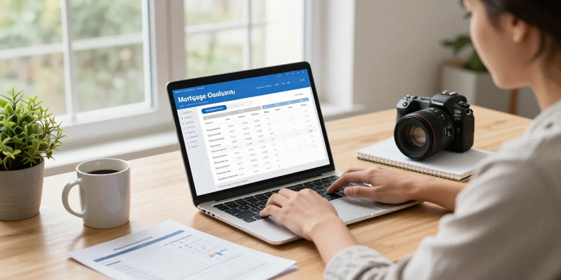 Calculadora hipoteca displayed on a laptop in a stylish home office setting for financial clarity.