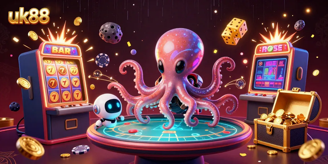Experience the excitement of uk88 casino with an alien octopus at a holographic poker table surrounded by vibrant gambling elements.