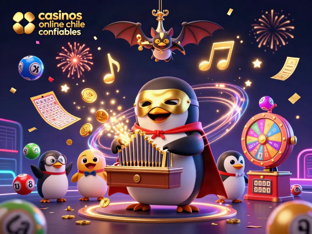 Recreación vibrante y dinámica de casinos online Chile confiables con símbolos de juego y confetti.