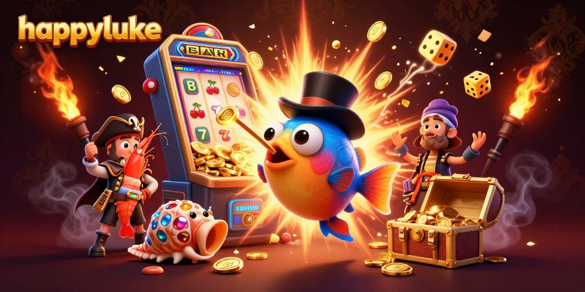 Spin to win with happyluke as a glowing anglerfish attracts coins in a lively casino scene.