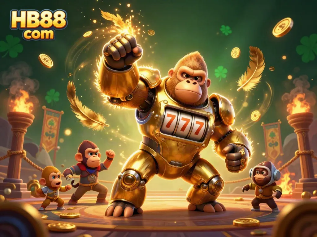 Experience the excitement of HB88 com with this vibrant 3D illustration showcasing a golden mech gorilla and dynamic casino elements.