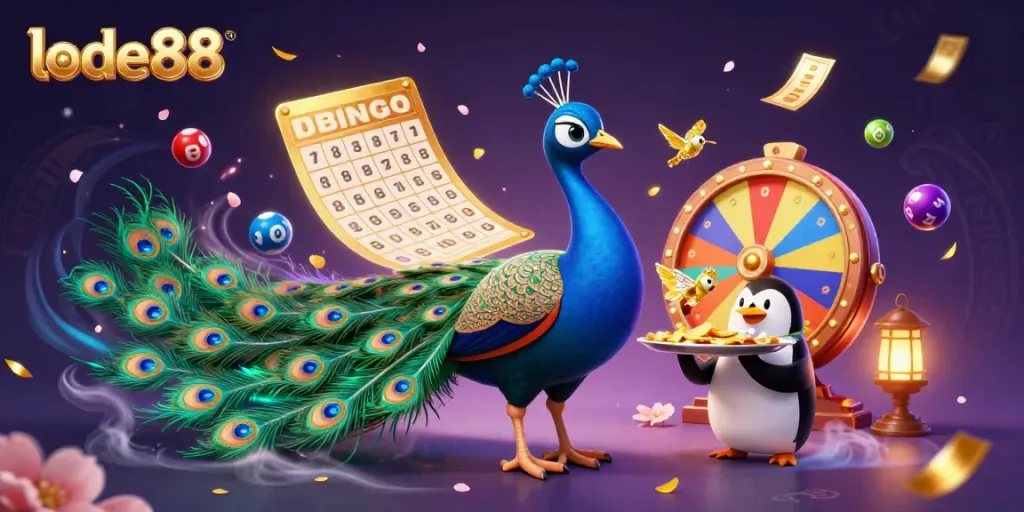 Engage with lode88's vibrant lottery scene featuring a peacock, penguin, and hummingbird amid colorful gaming elements.
