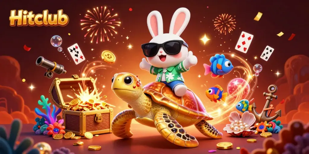 Experience the thrills of Hitclub with a playful rabbit and turtle, amidst treasure in a vibrant underwater scene.