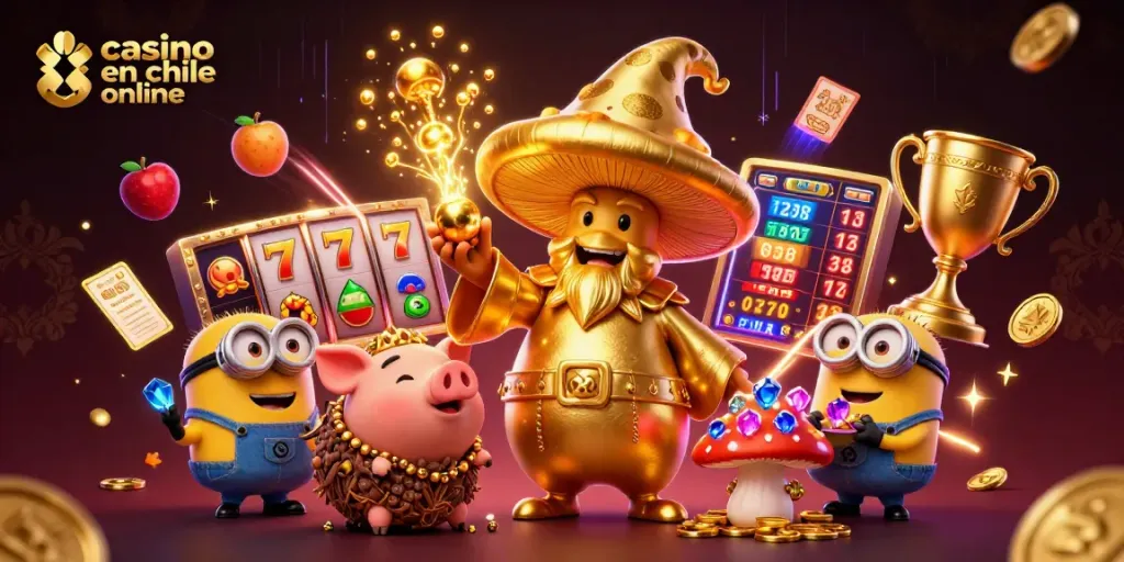 Disfruta del mejor casino en línea en Chile con tragamonedas y giros gratis en una vibrante escena mágica.