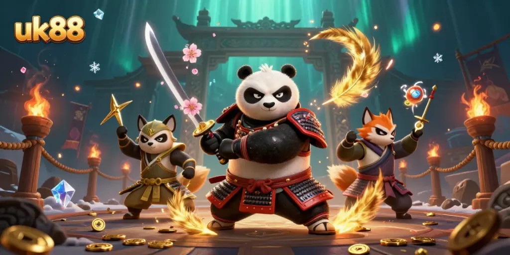 Engage in exciting gameplay at uk88 with a fierce panda samurai and dynamic casino elements.