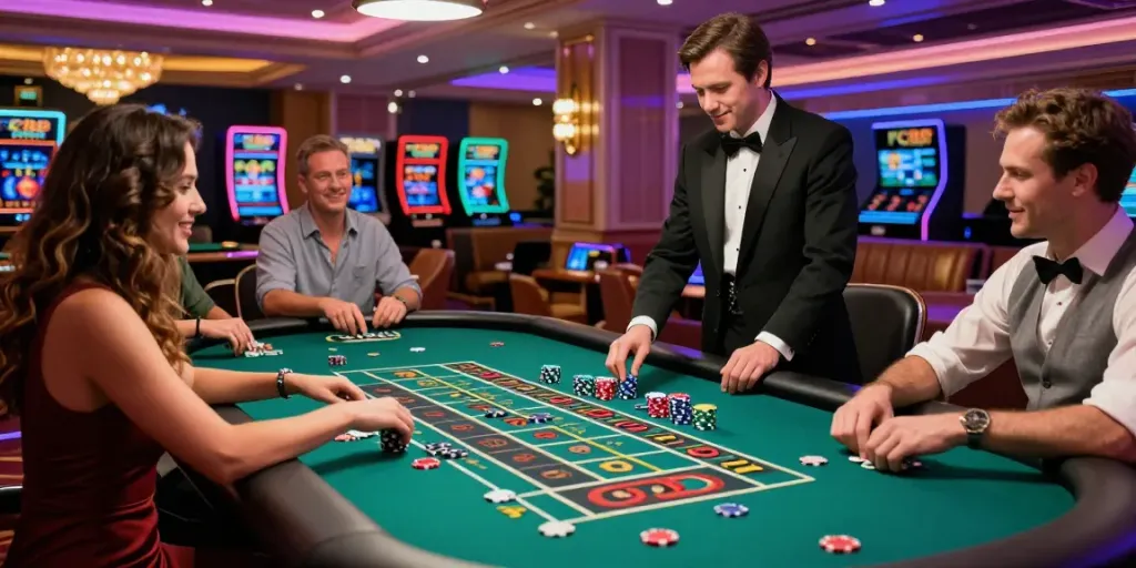 Players experiencing the thrill of FC88 casino games, vibrant roulette table scene.