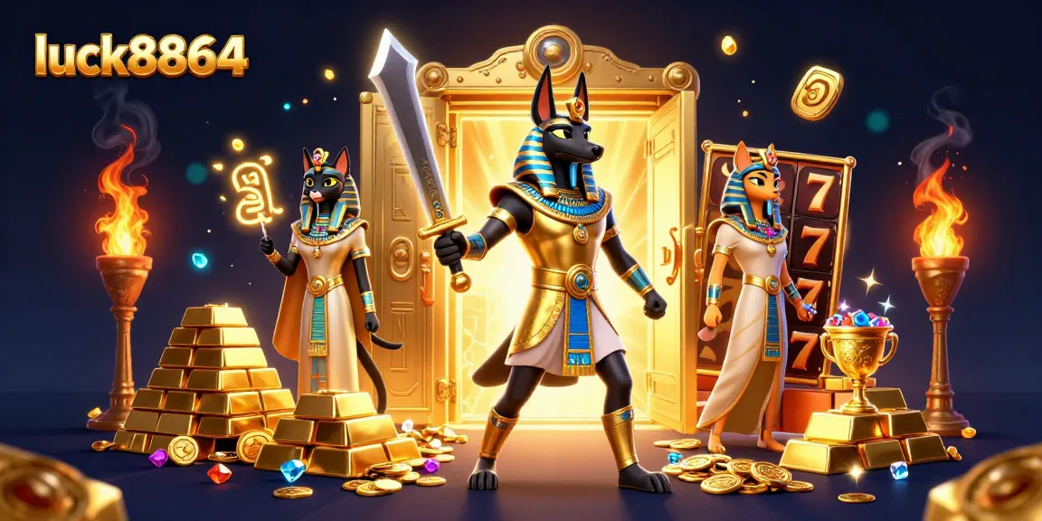 Spin towards fortune with luck8864's enchanting casino world featuring Anubis and treasures.