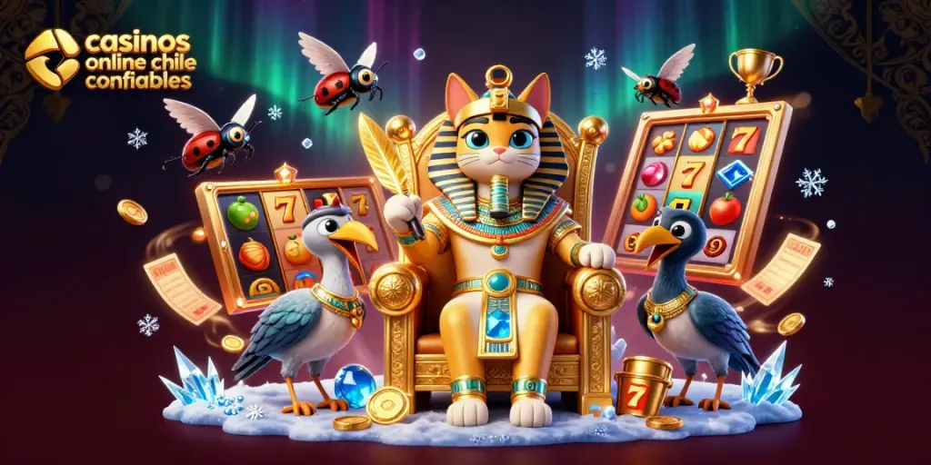 Visualiza la experiencia en casinos online Chile confiables con un gato faraón en un trono dorado y elementos de juego dinámicos.