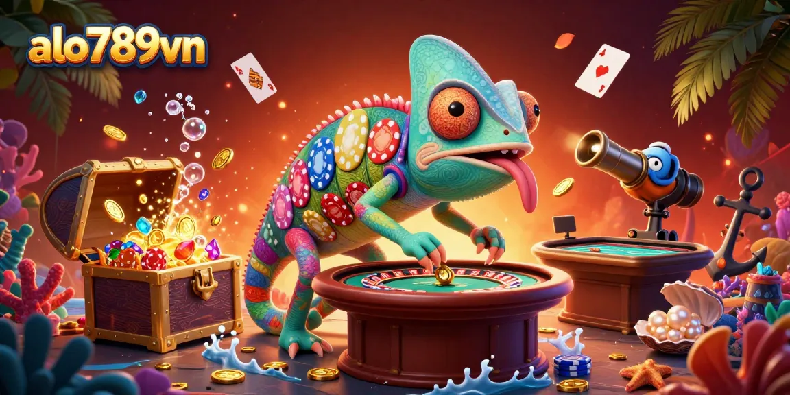 Experience thrilling gameplay at alo789vn with a chameleon casino owner capturing golden coins in a vibrant, dynamic scene.