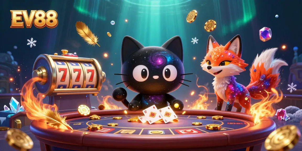 Join the excitement of EV88 with a charismatic black hole cat pulling in golden chips at a cosmic casino.
