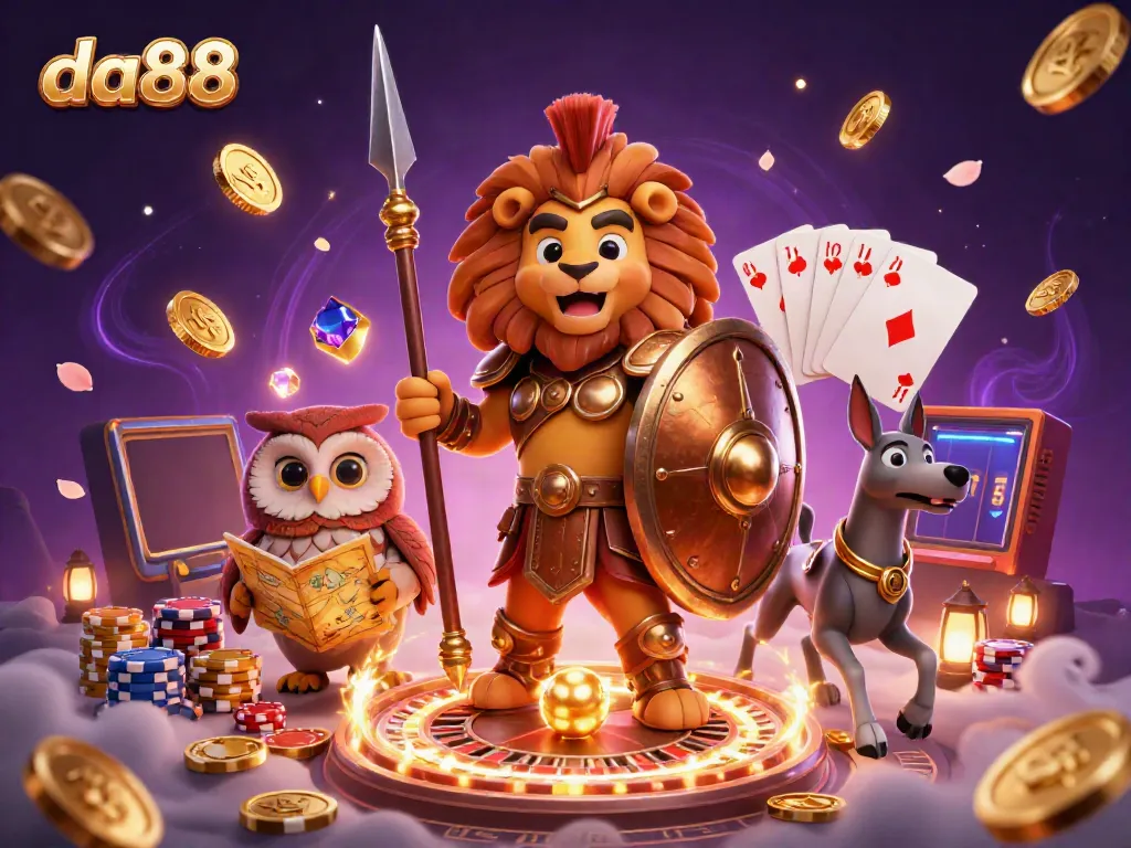 Experience exciting wins with da88 in this vibrant 3D illustration featuring a Spartan lion, tactical owl, and swift greyhound.
