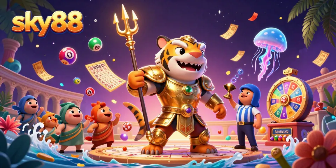 Experience immersive fun at sky88 with a dynamic scene featuring a shark and lively game elements.