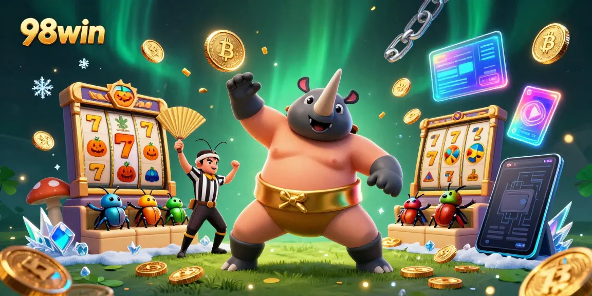 Experience the excitement of 98win with a dynamic 3D scene featuring vibrantly themed casino elements and characters.