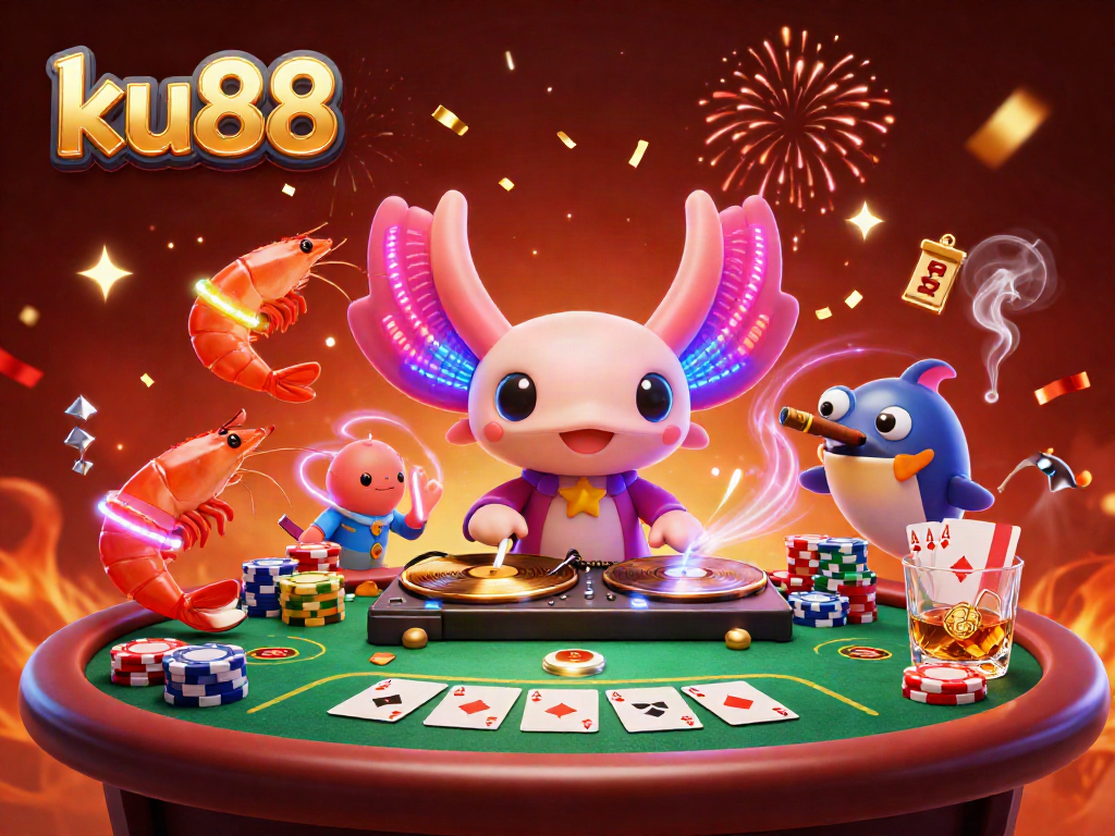 Experience the thrilling atmosphere of ku88 with a neon axolotl DJ surrounded by poker chips and lively sea creatures.