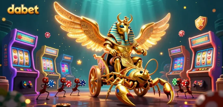 Engage with dabet's vibrant casino experience featuring golden scarabs and glowing slot machines.