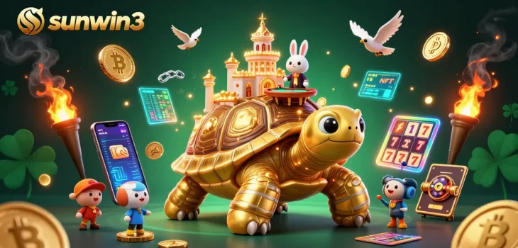 Sunwin3 players engaging in thrilling slot games with a golden tortoise casino and vibrant 3D graphics.