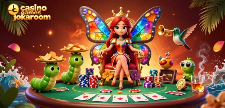 Engaging scene of casino games jokaroom featuring a magical butterfly queen and vibrant poker elements.