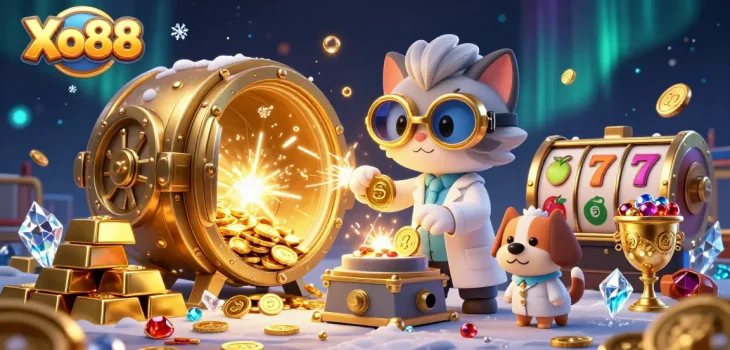 Xo88 offers thrilling slot games with a mad scientist cat and his dog in a vibrant casino scene.
