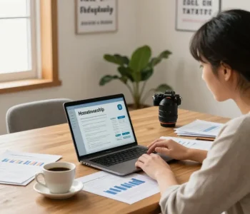 Interactive mortgage calculator scene for buscador hipotecas insights with documents and cozy atmosphere