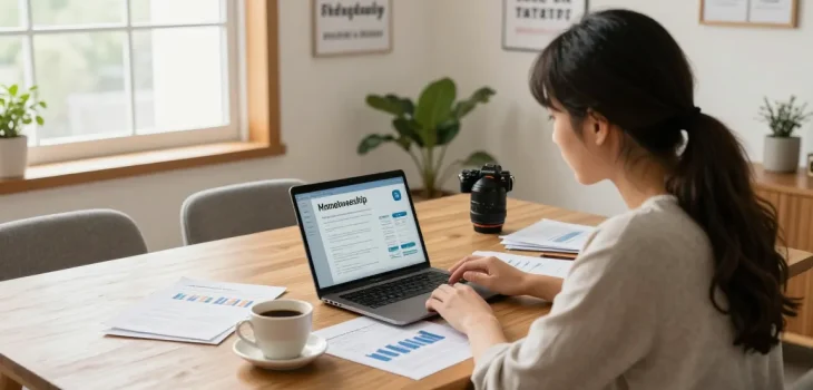 Interactive mortgage calculator scene for buscador hipotecas insights with documents and cozy atmosphere