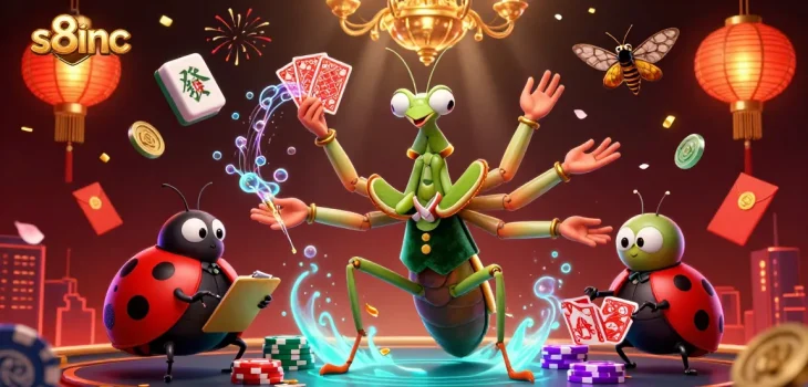 Experience high stakes gaming thrills with the vibrant 3D scene of s8inc, showcasing a giant mantis dealer and lucky elements.