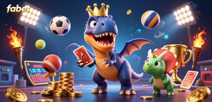 Fabet showcases a dynamic gambling scene with T-Rex and friends engaging in sports betting activities.