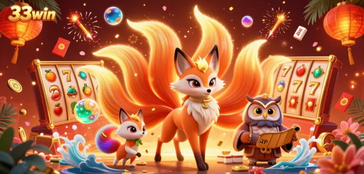 Engage with 33win's vibrant casino scene featuring a glowing nine-tailed fox and wise owl amid lively gaming elements.