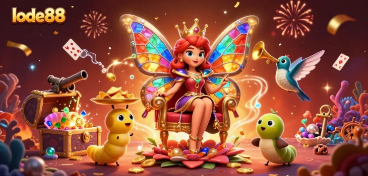 Engage with lode88's colorful casino scene featuring a butterfly queen and vibrant gaming elements.