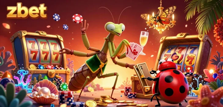 Engage with zbet's colorful casino scene featuring a giant praying mantis card sharp amidst dynamic poker elements.