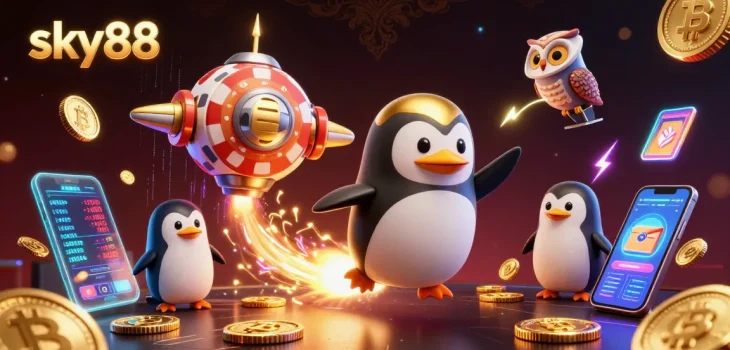 Experience sky88's thrilling space casino adventure with a golden penguin and crypto elements.