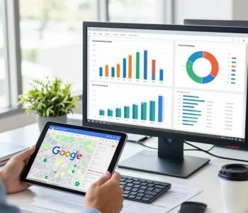 Servicios SEO locales: especialista analizando datos de marketing digital en oficina moderna.