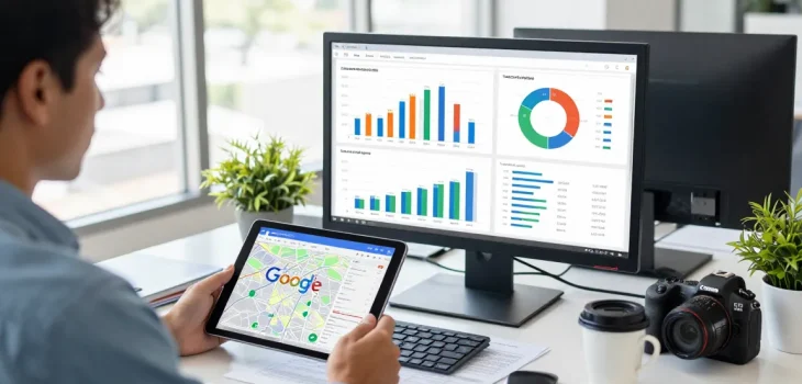 Servicios SEO locales: especialista analizando datos de marketing digital en oficina moderna.