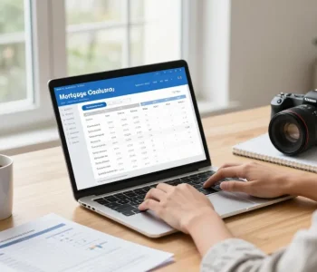 Calculadora hipoteca displayed on a laptop in a stylish home office setting for financial clarity.