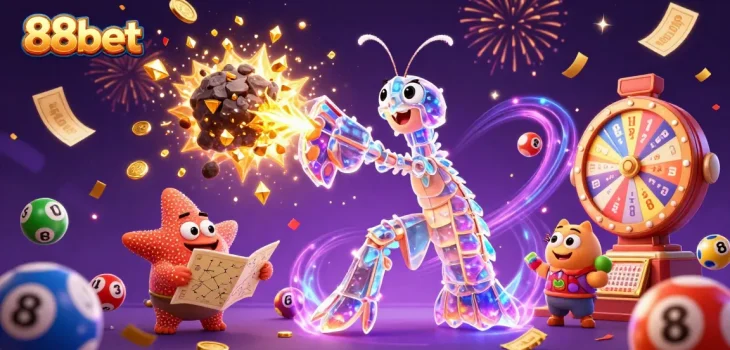 88bet showcases vibrant gameplay with a mantis shrimp and starfish amidst lottery explosions.