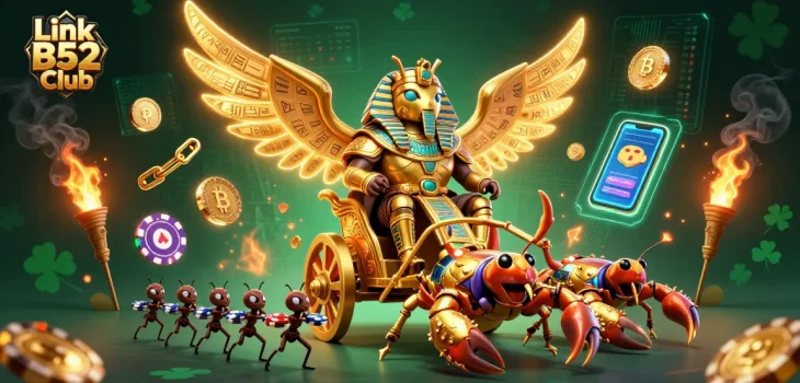 Play exciting games at Link B52 Club with vibrant characters and crypto elements in a 3D casino scene.