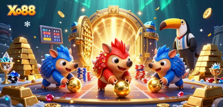 Xo88 pangolins compete in a vibrant casino scene with poker chips and treasures.